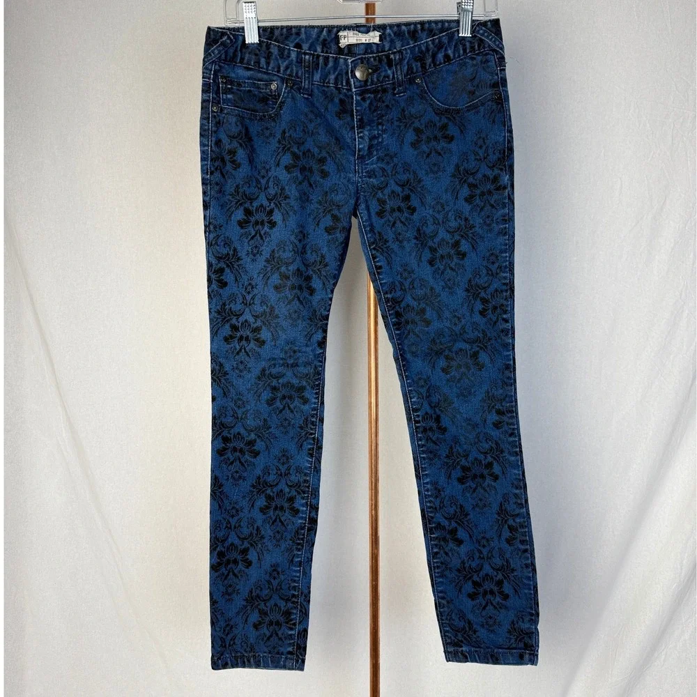Free People Womens‎ Size 27 Floral Damask Print Jeans Denim Blue Black